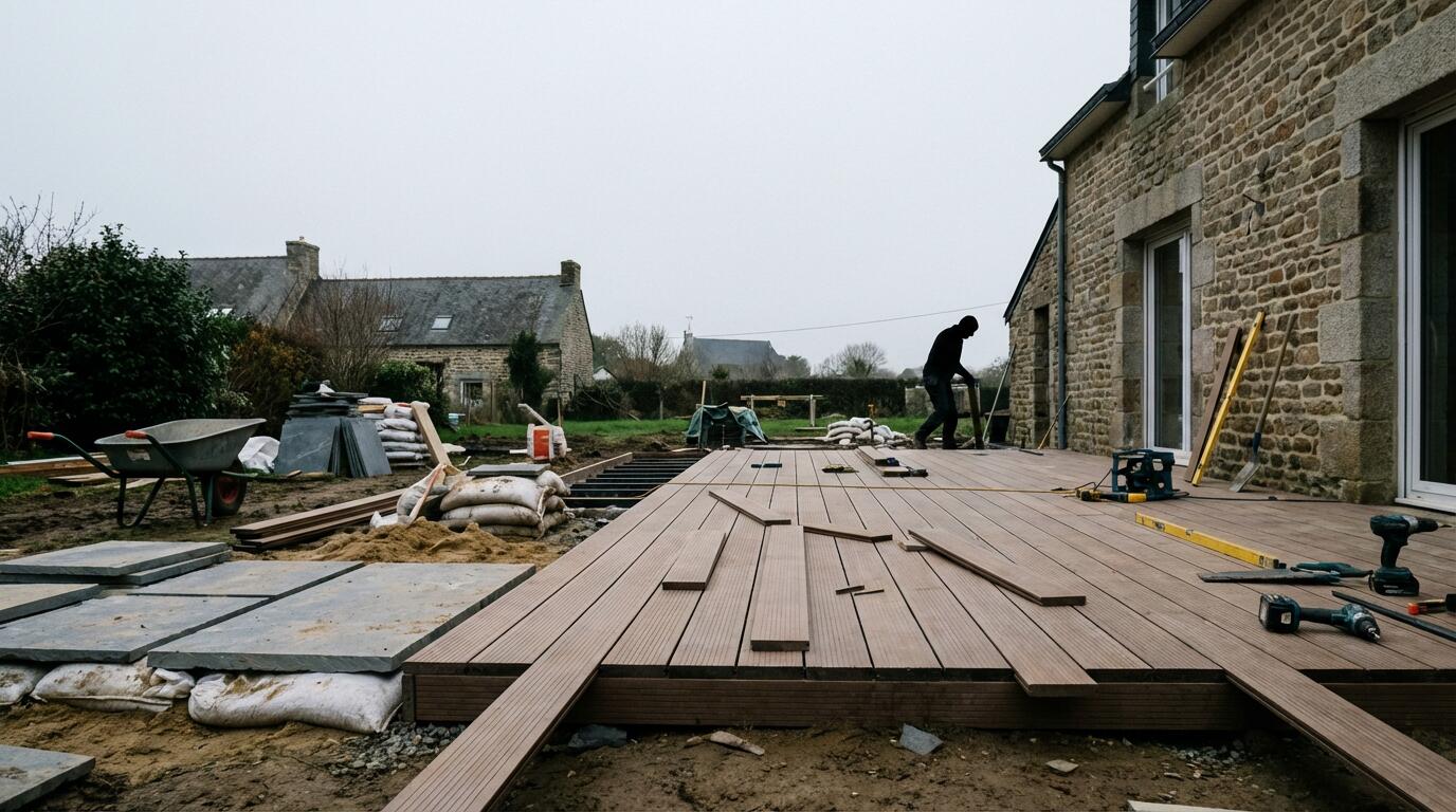 Chantier aménagement paysager avec terrasse bois en cours de pose