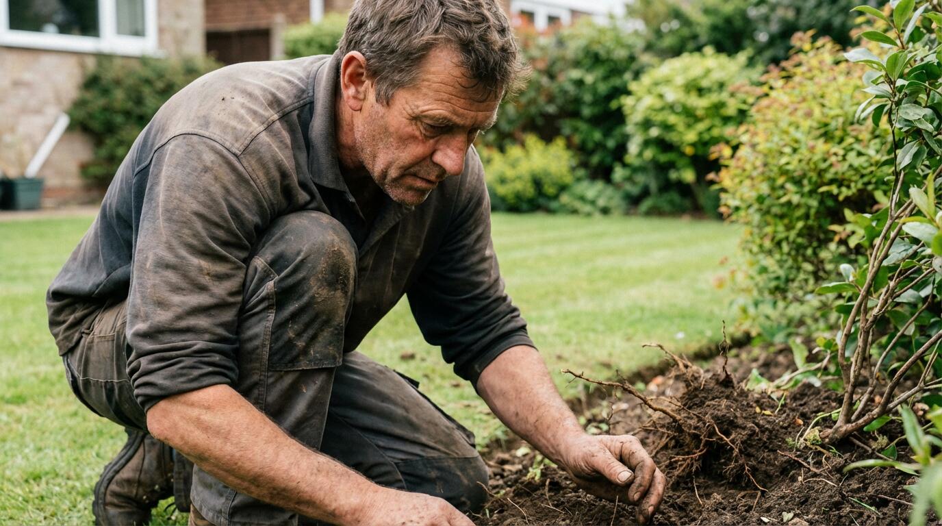 Paysagiste professionnel examinant la terre d'un massif végétal