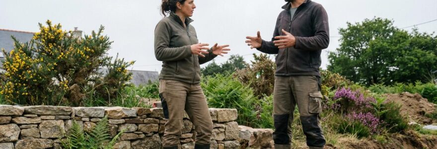 Paysagiste professionnel échangeant avec propriétaire dans jardin Morbihan