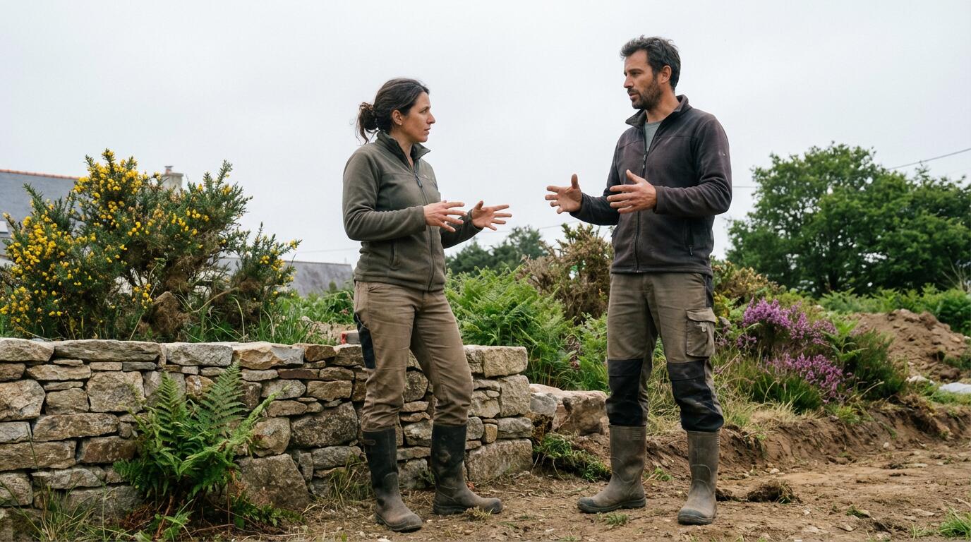 Paysagiste professionnel échangeant avec propriétaire dans jardin Morbihan